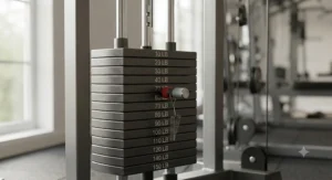 Close-up of the adjustable weight stack and selector pin on a heavy-duty single stack home gym.