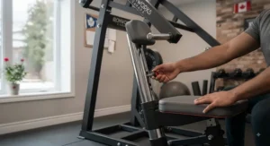 Close-up of adjusting the seat height on a leverage chest press machine for safe home gym training.