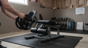Weight plates being loaded onto a high-quality plate-loaded leg curl machine for a Canadian home gym.
