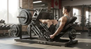 A Canadian athlete performing controlled repetitions on a professional-grade plate-loaded leg press machine.