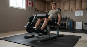 An athlete using a sturdy plate-loaded leg curl machine for home gym hamstring training.