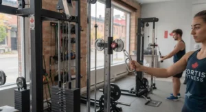 Adjustable cable pulley system on a commercial multi-gym for diverse strength training workouts