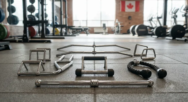 A variety of cable row handles arranged on a gym floor for strength training workouts.