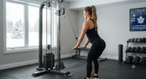 A Canadian fitness enthusiast performing a cable pullover exercise on a single stack home gym machine.