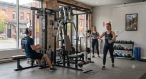 Members exercising safely on a commercial multi-gym in a local Canadian health club