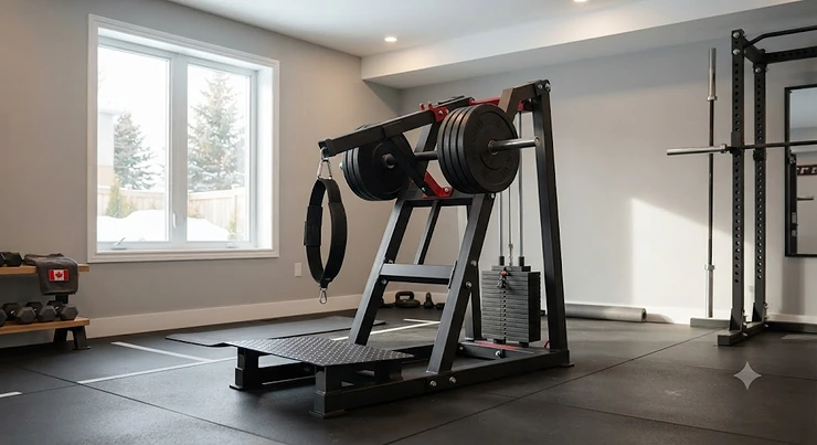 Front view of a commercial belt squat machine set up in a modern Canadian home gym.