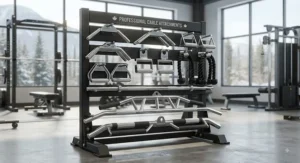 Complete set of commercial-grade cable row handles arranged on a gym rack.