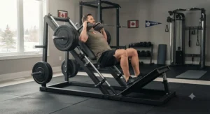 A commercial-grade hack squat machine for home gym use featuring adjustable safety stops and padded back support.