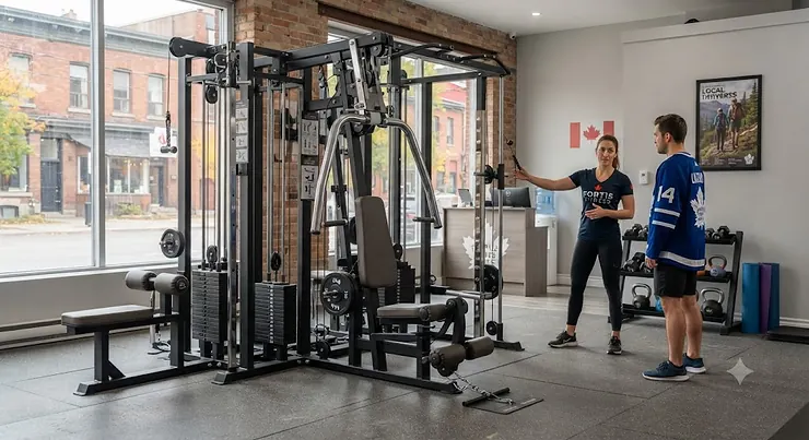 Overview of a commercial multi-gym installed in a compact Canadian fitness studio commercial multi-gym for small gym business