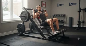 A space-saving hack squat machine for home gym training, ideal for Canadian fitness enthusiasts.