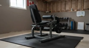 Rear angle view of a space-saving plate-loaded leg curl machine for home gym workouts across Canada.