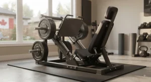A space-efficient plate-loaded leg press machine, ideal for residential home gyms in Canadian homes.