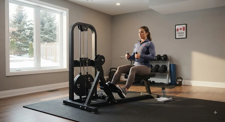 A compact seated row machine set up in a modern Canadian home gym for effective back workouts.