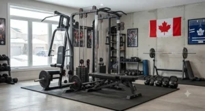 Complete home fitness setup featuring a heavy-duty multi-gym for serious lifters with attachments ready for full-body routines.