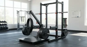 Versatile dual-function belt squat machine combined with an upright squat rack.