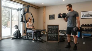 Visual representation of full-body exercise variety using adjustable dumbbells compared to cable multi-gym stations.