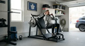 A sturdy steel budget hack squat machine loaded with rubber bumper plates for heavy lower body training.
