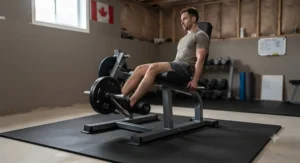 Side profile of a user performing seated hamstring curls on a plate-loaded leg curl machine for home gym.