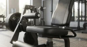 High-density tear-resistant upholstery padding on a plate-loaded leg extension machine for long-lasting durability.