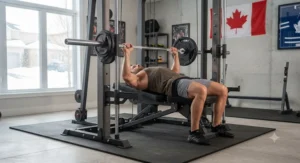 Adjustable utility bench attachment paired with a heavy-duty multi-gym for serious lifters during heavy bench presses.