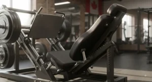 Close-up of the ergonomic seat and adjustable backrest on a premium plate-loaded leg press machine.