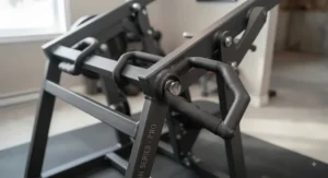 Ergonomic multi-grip handles on a plate-loaded shoulder press machine for varied exercise positioning.