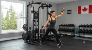 Athlete performing a full-body cable workout routine on a multi-stack home gym machine.