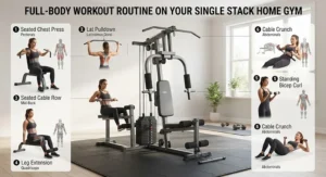 Detailed breakdown diagram showing full-body strength training exercises possible on a single stack home gym.