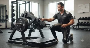 Personal trainer demonstrating the proper setup and adjustment of a gym belt squat machine.