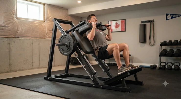 A compact hack squat machine for a home gym set up in a Canadian basement workout space.