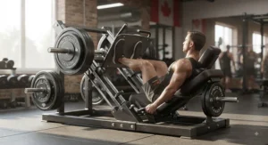 A commercial-strength plate-loaded leg press machine built for intense lower body training in Canadian gym facilities.