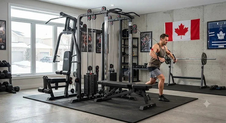 A heavy-duty multi-gym for serious lifters set up in a Canadian home gym, featuring commercial-grade steel construction.