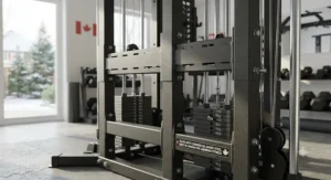 Durable steel frame construction of a multi-stack home gym machine built for Canadian fitness enthusiasts.
