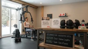 Cost breakdown comparing the affordable price of adjustable dumbbells versus a full home multi-gym setup in Canadian dollars.
