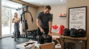 Step-by-step setup process highlighting the easy storage of adjustable dumbbells versus complex multi-gym assembly.