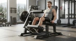 Athlete performing a leg extension exercise on a plate-loaded leg extension machine in a modern Canadian home gym.