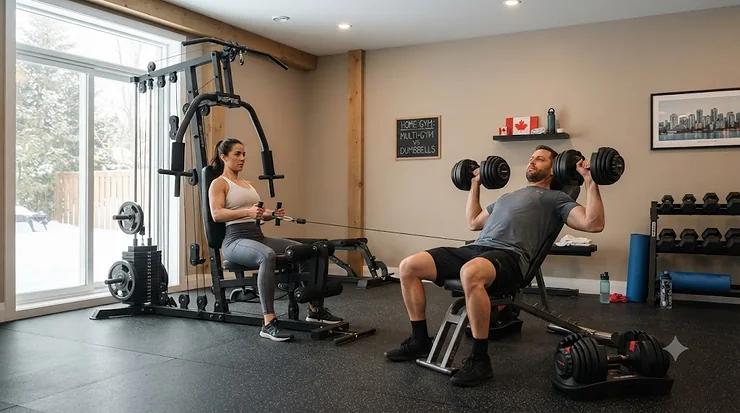 Home multi-gym vs adjustable dumbbells comparison for Canadian fitness spaces, showcasing space-saving gear for a basement gym.