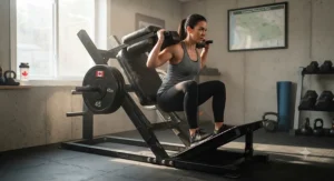 A Canadian fitness trainer demonstrating correct leg placement on a budget hack squat machine.