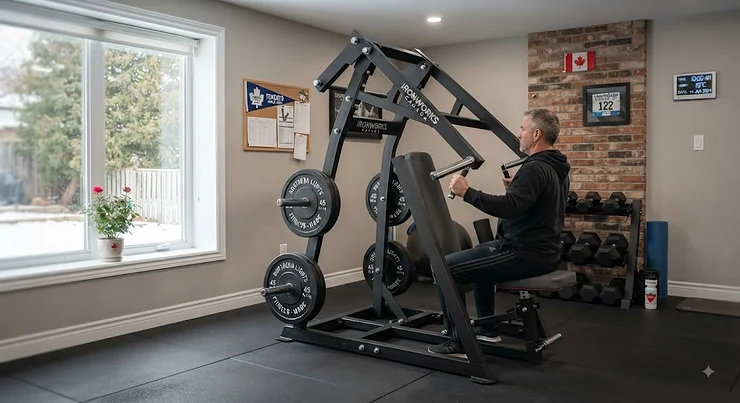 A modern leverage chest press machine set up in a Canadian home gym with Canadian English terminology.