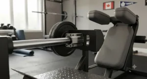 Close-up of the smooth sliding carriage on a linear bearing hack squat machine for a home gym.