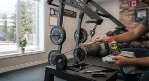 Routine maintenance and cable check for a leverage chest press machine to ensure home gym longevity.