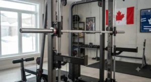 Integrated Smith machine and safety spotter arms on a heavy-duty multi-gym for serious lifters in a Vancouver basement gym.