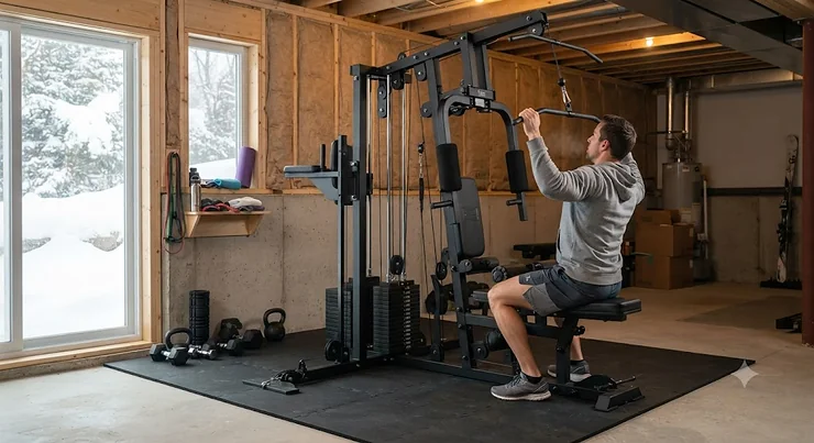 A multi-stack home gym machine installed in a Canadian basement workout space during winter.