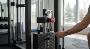 Close-up of adjustable pulleys and weight stacks on a modern multi-stack home gym machine.