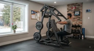Peak contraction phase of the leverage chest press machine workout in a basement home gym.