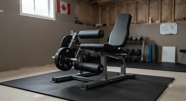 A compact plate-loaded leg curl machine for a home gym set up in a Canadian basement workout space.
