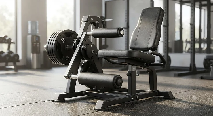 Full view of a heavy-duty plate-loaded leg extension machine designed for effective quadriceps isolation.
