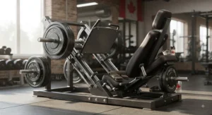 A fully loaded plate-loaded leg press machine prepared for a strength training session in a Canadian gym.