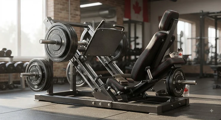 A fully loaded plate-loaded leg press machine prepared for a strength training session in a Canadian gym. plate-loaded leg press machines