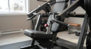 Close-up of the adjustable seat and handles on a high-quality plate-loaded shoulder press machine.